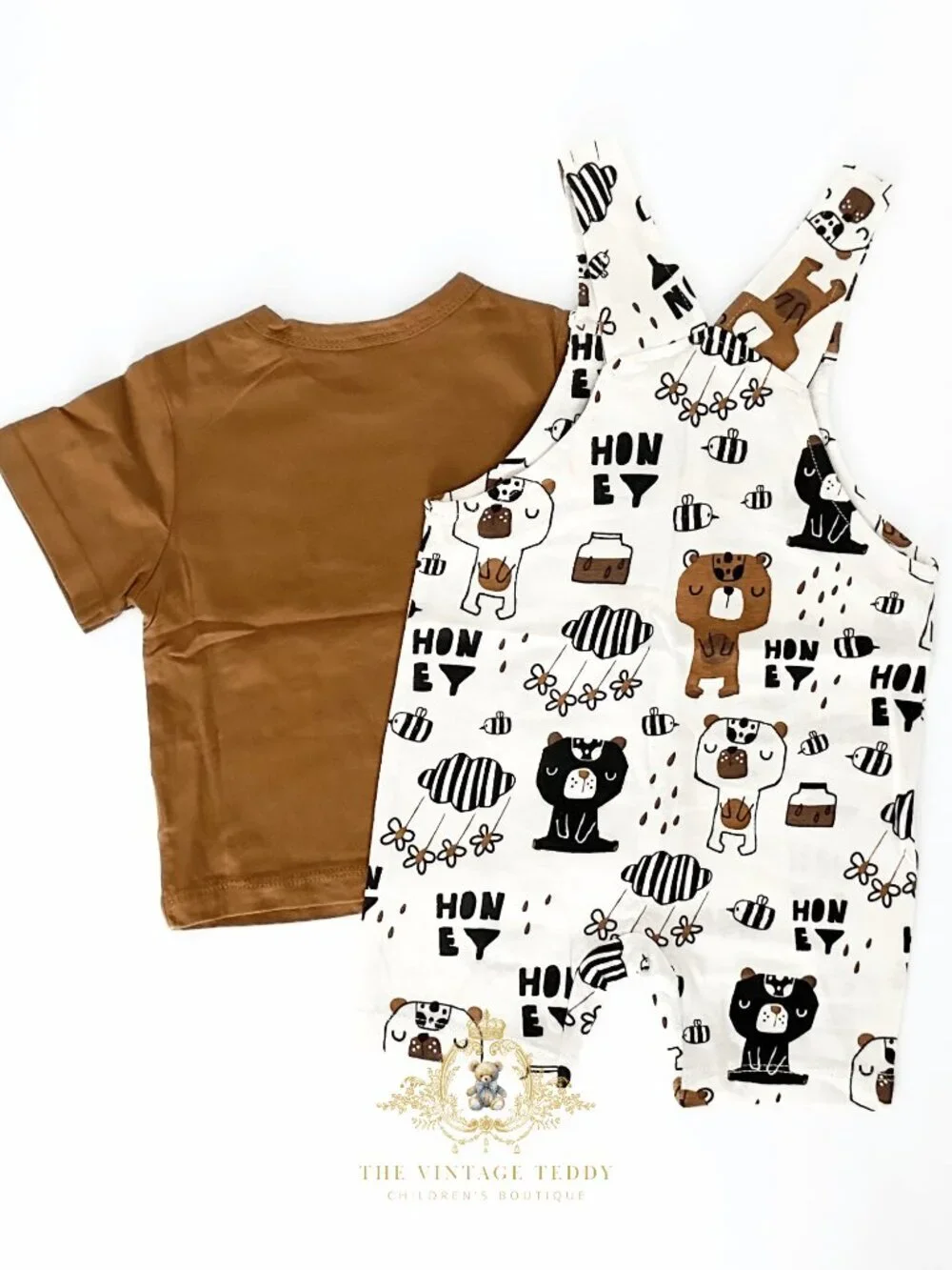 NWT Adorable Kids Overalls Dungarees 2 Piece Matching Set Honey Bear & Bees 6-9M